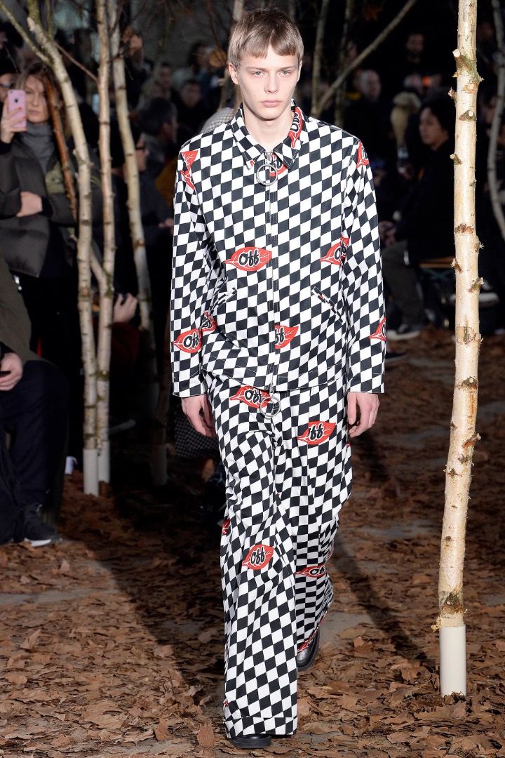 Off-White - F/W 17 - Falling Leaf Check Pants (Category: Trousers) located in Manila. Submitted by graymatter_ (Listing ID 1465259619, Image 1). Description: Off-White - F/W 17 - Falling Leaf Check Pants Tagged Size: 32 Condition: 9/10 Flaws: Cut “Made in” Tag Material: 97% Cotton, 3% Elastane Zipper: YKK Dimensions Waist: 34 Inseam: 33 Crotch: 12 Thigh: 11.5 Leg Opening: 7 .