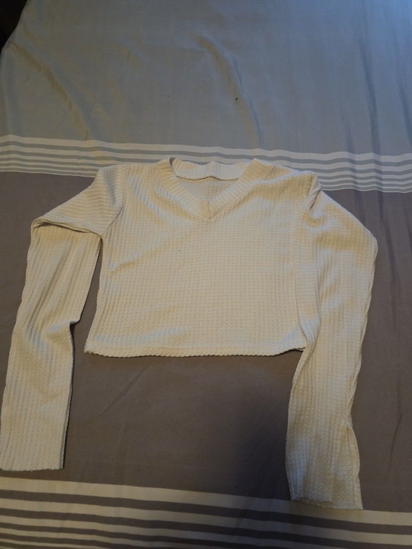 Off-white Waffle Knit V-Neck Long Sleeve Sweater (Category: Longsleeves) located in Manila. Submitted by cher0918 (Listing ID 1465262324, Image 1). Description: - Color: Off-white - Material: Soft textured thermal waffle knit fabric - Design: V-neckline and long sleeves - Details: Ribbed collar and cuffs with a standard fit - Versatility: Easy to layer or wear on its own, matches any outfit.