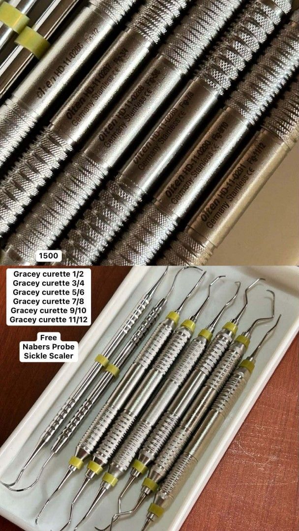 Olten Instruments Gracey Curette Set with Freebies (Category: Medical Supplies & Tools) located in Makati City. Submitted by krokomines (Listing ID 1465279422, Image 2). Description: Dental Periodontal Instrument Set – Gracey Curettes (8-Piece Set) Price: ₱1,500 (Original Price: ₱2,500) BRAND: OLTEN Inclusions: • Gracey Curette 1/2 • Gracey Curette 3/4 • Gracey Curette 5/6 • Gracey Curette 7/8 • Gracey Curette 9/10 • Gracey Curette 11/12 FREE Nab