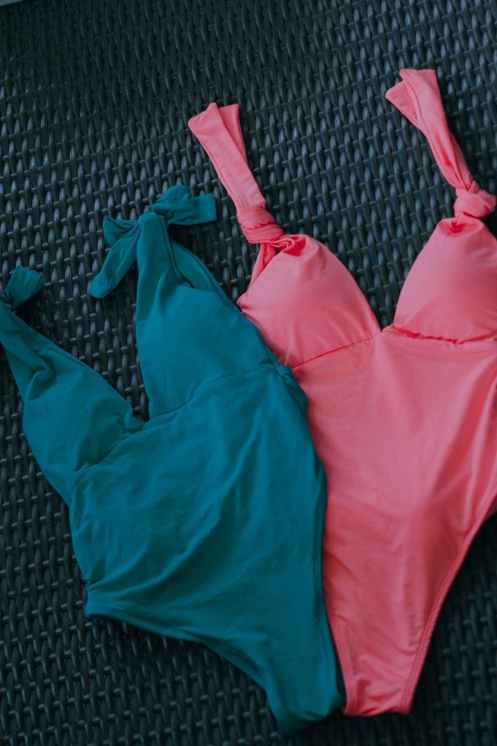 One-piece Swimsuit with Shoulder Tie Straps (Category: Bikinis & Swimsuits) located in Las Pinas. Submitted by seeyuhhh (Listing ID 1465208265, Image 1). Description: One-piece swimsuit available in pink and teal green. Adjustable tie straps at the shoulders. Cute bow detail in the back above the cutout. Flattering high-cut leg style. Soft stretchy material, comfortable for swimming or beach days. Sold separately or together, just drop a message.