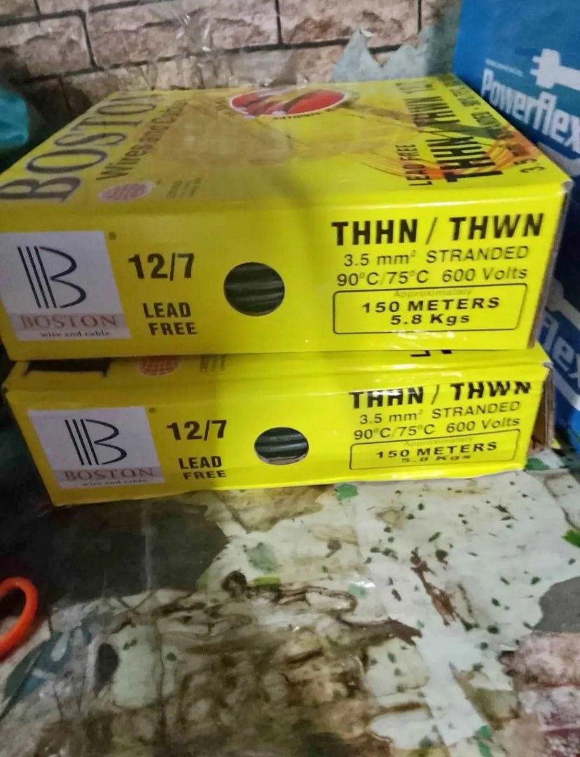 Original Boston Wire THHN (Per Box) (Category: Electrical, Lighting & Wiring) located in Quezon. Submitted by silveroceanonlineshop (Listing ID 1462281027, Image 2). Description: Boston wire #10/7 5.5mm - 4.1k pesos per box available ✅ Boston wire #12/7 3.5mm - 3.1k pesos per box available ✅.
