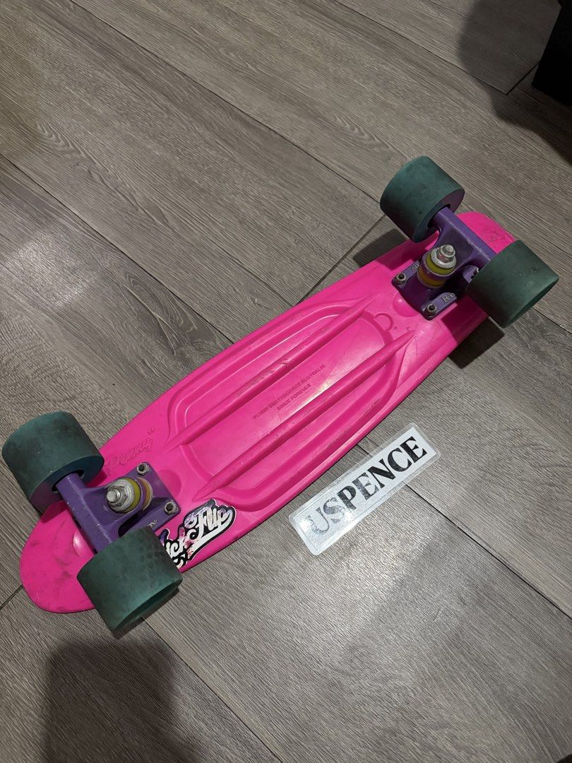 Original Penny Board Australia size 22" (Category: Skates, Rollerblades & Scooters) located in Makati City. Submitted by uspence (Listing ID 1465205338, Image 1). Description: - 100% authentic Penny Skateboard from Australia - Bright pink deck with classic waffle grip pattern - Purple trucks and dark green wheels - Condition: Shows scuffs on deck Still useable Changed bearings (Still have the original penny bearings will include) Needs cleaning S