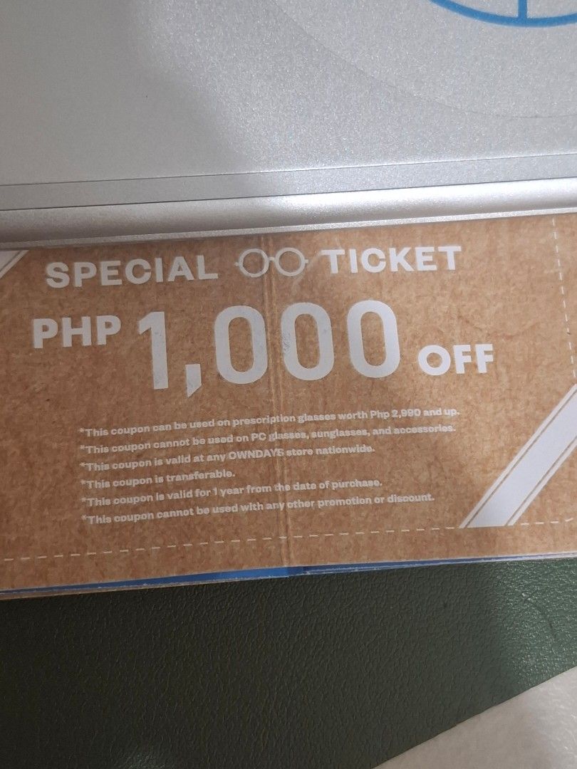 OWNDAYS PHP 1,000 Off Special Ticket Voucher (Category: Vouchers) located in Mandaluyong City. Submitted by Rick1414 (Listing ID 1465237688, Image 1). Description: - Discount value: PHP 1,000 off - Applicable item: Prescription glasses priced PHP 2,990 and up - Validity: Valid for 1 year from purchase date - Location: Accepted at any OWNDAYS store nationwide - Transferable: Yes, can be given to friends or family - Note: Cannot be used with other 