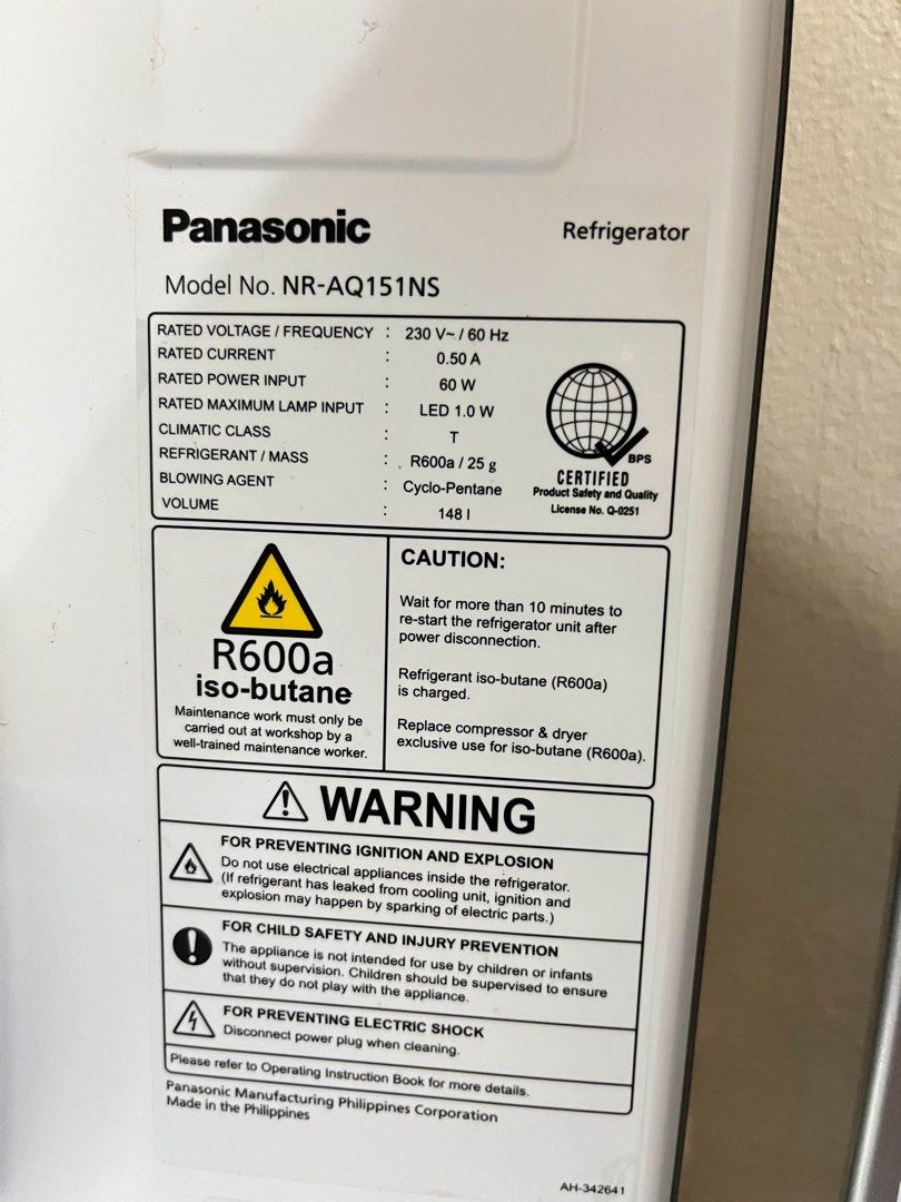 Panasonic NR-AQ151NS Single Door Refrigerator (Category: Refrigerators and Freezers) located in General Trias. Submitted by chimmyscart (Listing ID 1465256425, Image 2). Description: FOR SALE Panasonic Refrigerator Model no. NR-AQ151NS • Type: Single Door, Non-Inverter, Manual Defrost • Cooling System: Direct Cool • Capacity: 5.2 cu. ft. (148 L net / 159 L gross) • Power Input: 60W For pick up or lalamove on Oct 3 (Saturday) Loc: Laureano Di Trev