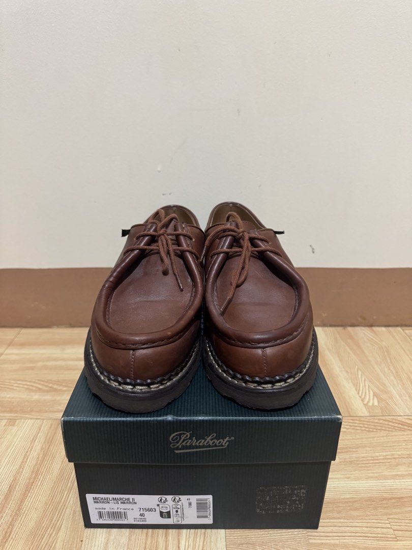 Paraboot Michael Marche II Marron Lis Marron Size 40 (Category: Dress Shoes) located in Paranaque City. Submitted by mikyboiii18 (Listing ID 1465228141, Image 3). Description: - Brand: Paraboot Michael - Color: Marron Brown - Size: EU 40 - Condition: Excellent, soles retain original tread with minimal wear - Inclusions: Original box, paper inserts, and dust bags -Parañaque/Sta. Mesa meetup.