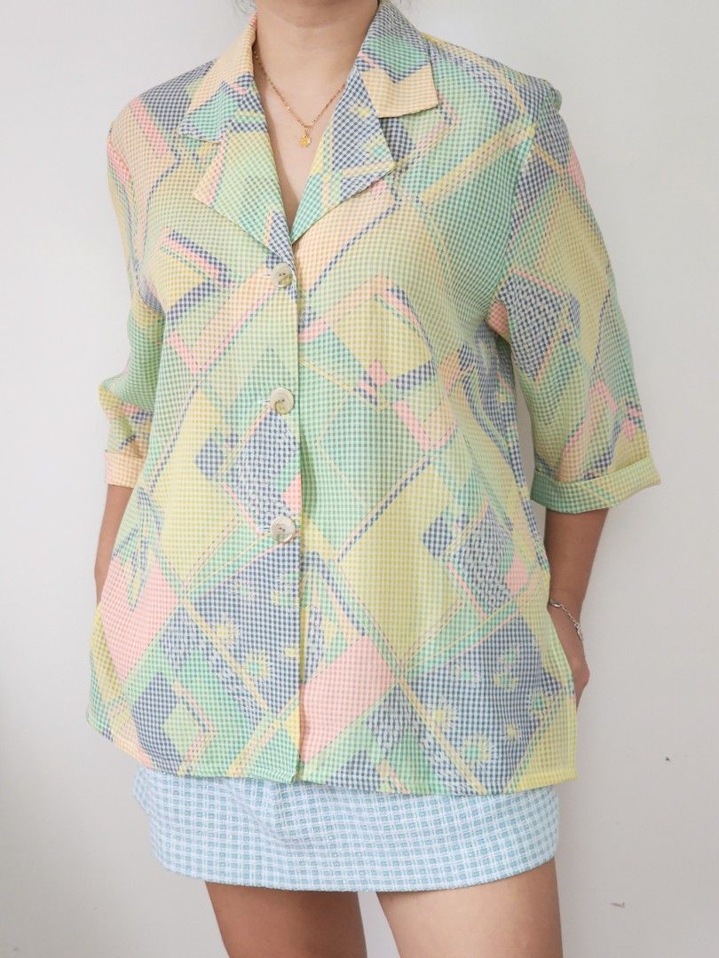 pastel gingham vintage shirt (Category: Shirts) located in Batangas. Submitted by curatedbylisilaloop (Listing ID 1465217204, Image 1). Description: MEMBER | pastel gingham geometric pattern vintage button-up shirt ✨ Size: L-XXL Bust: 44".