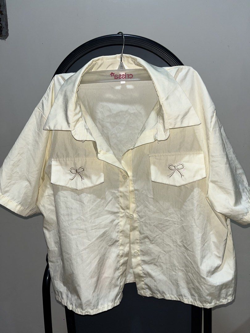 Pastel Yellow Button-Down Set/Coords (Category: Sets or Coordinates) located in Rizal. Submitted by bypc5678 (Listing ID 1465356252, Image 1). Description: - Med to Large (semi xl) - Lightweight fabric with relaxed fit - Embroidered bow detail on both chest pockets .