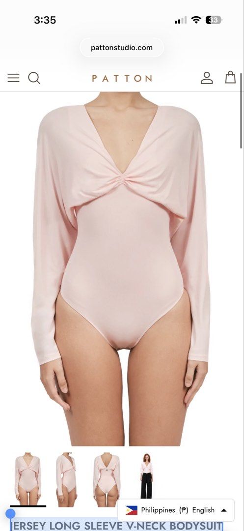 PATTON Jersey Long Sleeve V-Neck Bodysuit (Category: Longsleeves) located in Las Pinas. Submitted by agsells (Listing ID 1465236885, Image 1). Description: PATTON JERSEY LONG SLEEVE V-NECK BODYSUIT Size: Small RFS: Didnt like the shade of pink Never used. Tag still attached. Currently sold at Php6995 but selling for Php5000 only. Buyer to shoulder courier fee with 2GO.