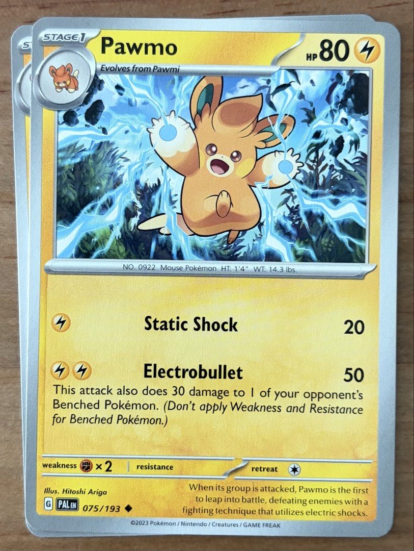 Pawmo | Pokemon Cards ~ Paldea Evolved (Category: Raw Singles) located in Makati City. Submitted by cardlab (Listing ID 1465186955, Image 1). Description: Items are 💯 authentic/original/legit. About The Card: •Language: EN • Number: 075/193 • Uncommon • Normal FOR: • Cards ₱99 and below with Card Sleeves • Cards ₱100 and up with Card Sleeves and Used Toploader • ₱10 for Bnew Tops Packaging (If Shipping): ✔️ Plastic cover ✔️ Cardboard ✔️ Bubble w