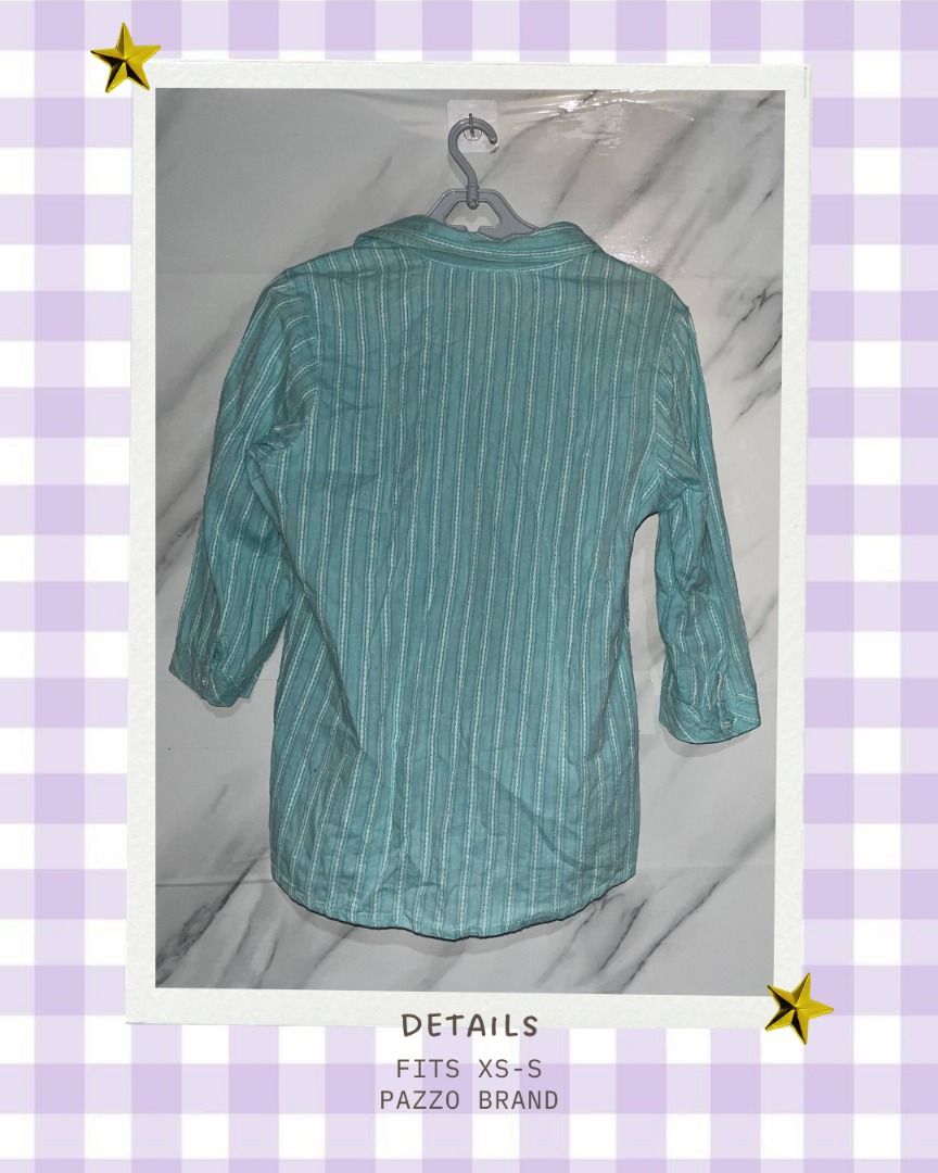 Pazzo Teal Stripe Top PLEASE READ 3RD PHOTO (Category: Blouses) located in Quezon City. Submitted by memoriies (Listing ID 1465280953, Image 2). Description: - Brand: Pazzo - Color: Nice teal shade with stripes - Material: Lightweight fabric - Features: Long sleeves and single chest pocket - Size: Fits XS to S - Measurements: Bust 30 inches, Arm length 9 inches, Total length 22.5 inches - Condition: Great casual piece for daily wear.