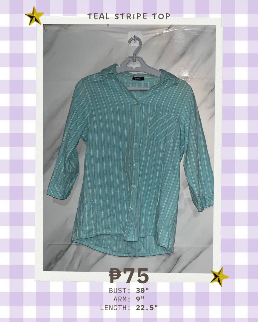 Pazzo Teal Stripe Top PLEASE READ 3RD PHOTO (Category: Blouses) located in Quezon City. Submitted by memoriies (Listing ID 1465280953, Image 1). Description: - Brand: Pazzo - Color: Nice teal shade with stripes - Material: Lightweight fabric - Features: Long sleeves and single chest pocket - Size: Fits XS to S - Measurements: Bust 30 inches, Arm length 9 inches, Total length 22.5 inches - Condition: Great casual piece for daily wear.