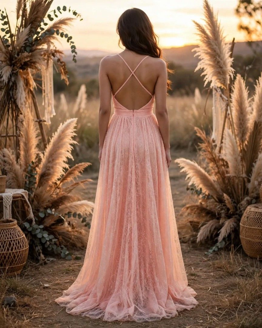 Peach Pink Long Maxi Dress Deep V-Neck Open Back (Category: Dresses) located in Manila. Submitted by jollyann_b1990 (Listing ID 1465314807, Image 2). Description: - Color: Peach pink - Design: Deep V-neck, thin spaghetti straps, and crossed back straps with zipper closure - Skirt: Fitted waistband flowing into a pleated tulle skirt with subtle sparkle and a small train - Length: Floor-length - Material: Lightweight and comfortable fabric - waist-