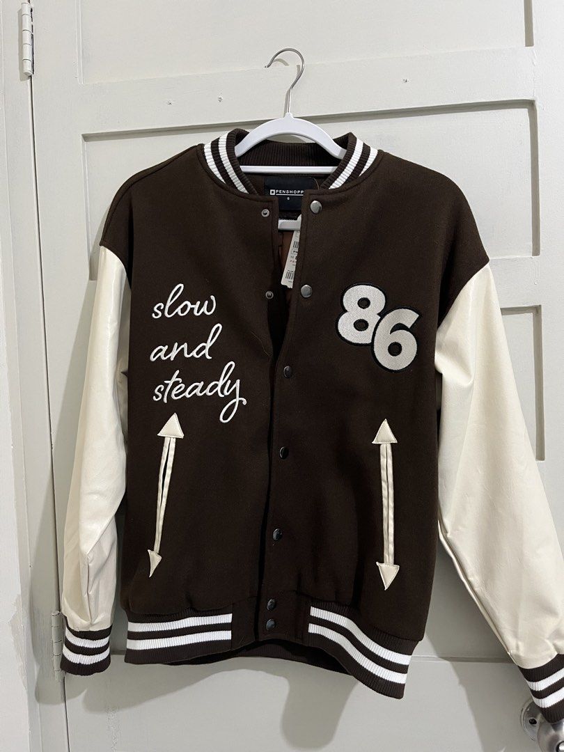 Penshoppe Brown Varsity Jacket Size S (Category: Coats, Jackets and Outerwear) located in Angeles City. Submitted by crsbunny (Listing ID 1465307958, Image 1). Description: penshoppe varsity jacket brown never worn no issue fixed ₱1,800 angeles city .