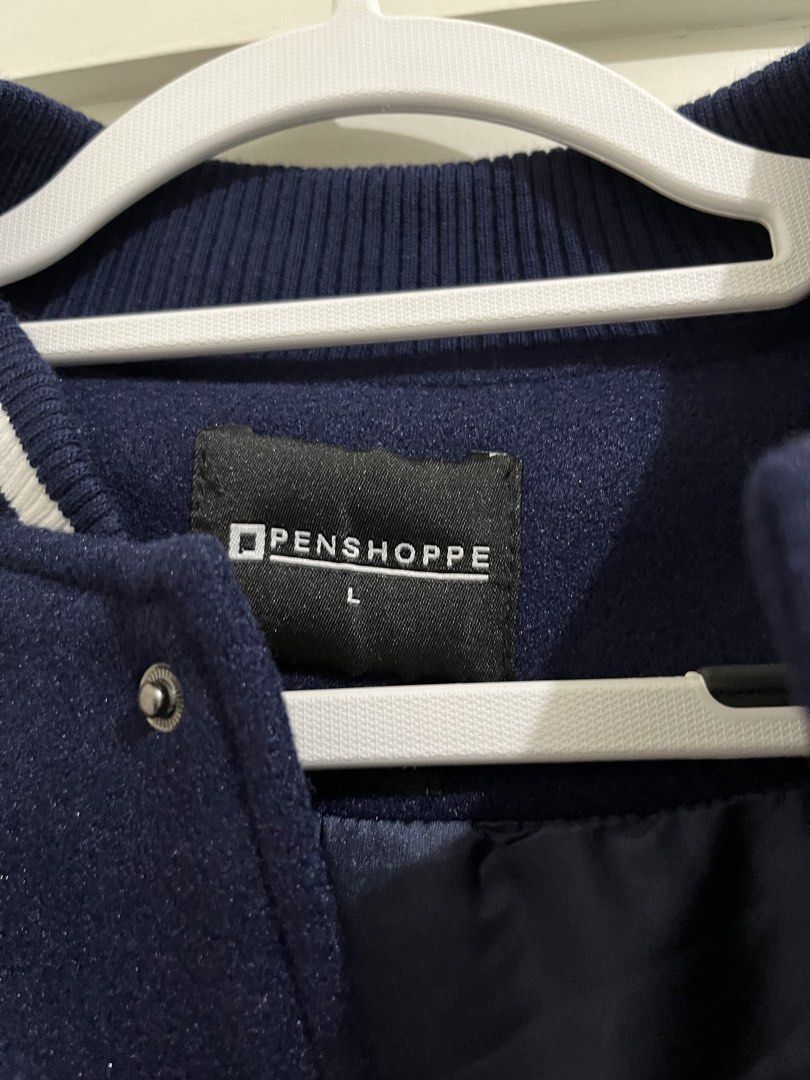 Penshoppe Navy Blue Varsity Jacket Size L (Category: Coats, Jackets and Outerwear) located in Angeles City. Submitted by crsbunny (Listing ID 1465308159, Image 3). Description: penshoppe navy blue jacket size large no tag but never worn no issue no bakbak ₱1,800 fixed angeles city .