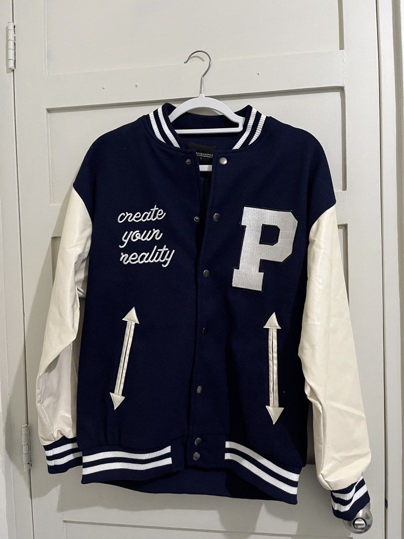 Penshoppe Navy Blue Varsity Jacket Size L (Category: Coats, Jackets and Outerwear) located in Angeles City. Submitted by crsbunny (Listing ID 1465308159, Image 1). Description: penshoppe navy blue jacket size large no tag but never worn no issue no bakbak ₱1,800 fixed angeles city .