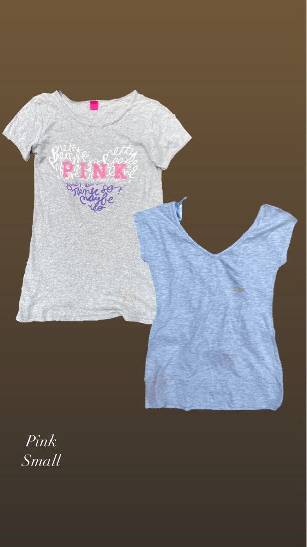 Pink Gray Tops Bundle Small (Category: Shirts) located in Manila. Submitted by reynanmak (Listing ID 1465208751, Image 1). Description: - Set of 2 casual short sleeve tops (light gray and pale blue) - Size: Small - Styles: One scoop neck with a cute pink heart graphic, one v-neck - Material: Soft and breathable cotton blend - Condition: Great everyday basics for warm weather, sold together as a set.