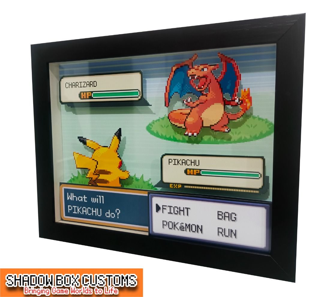 Pokemon Battle Pikachu vs Charizard Video Game Shadow Box (Category: Nintendo) located in Quezon City. Submitted by natzuki10 (Listing ID 1465188545, Image 3). Description: PTPA Pokemon Battle Pikachu vs Charizard Video Game Shadow Box Height: 8 inches Width: 10 inches 750 w/o lights 920 w/ lights *Handmade Pixel Shadow Boxes *Accepting Customized Designs *Perfect for Gamers & Collectors #videogames #nintendo #roomdecor #collection #gamer #gift #