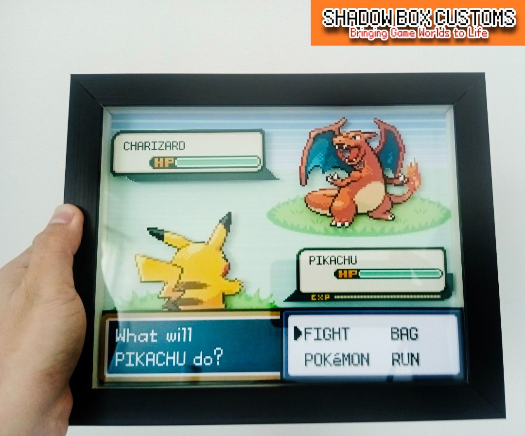 Pokemon Battle Pikachu vs Charizard Video Game Shadow Box (Category: Nintendo) located in Quezon City. Submitted by natzuki10 (Listing ID 1465188545, Image 1). Description: PTPA Pokemon Battle Pikachu vs Charizard Video Game Shadow Box Height: 8 inches Width: 10 inches 750 w/o lights 920 w/ lights *Handmade Pixel Shadow Boxes *Accepting Customized Designs *Perfect for Gamers & Collectors #videogames #nintendo #roomdecor #collection #gamer #gift #
