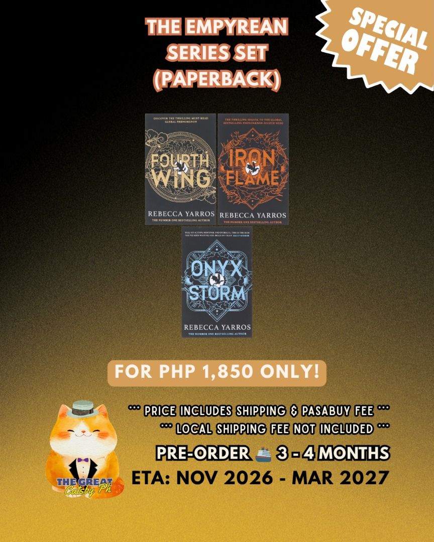 PRE-ORDER ONLY: FOURTH WING UK PB SET (Brand New) (Category: Storybooks) located in General Trias. Submitted by misspasabaeph (Listing ID 1465185657, Image 1). Description: For PRE-ORDER PHP 1,850 + SF FOURTH WING UK PB SET (Brand New -Sealed) ETA: 3 to 4 Months.