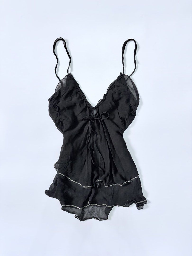 Prettiest Black Silk Flowy Beaded Tie Cami Top (Category: Sleeveless) located in Pilar. Submitted by kaiireverie (Listing ID 1465250468, Image 1). Description: S-M B: 32-36.