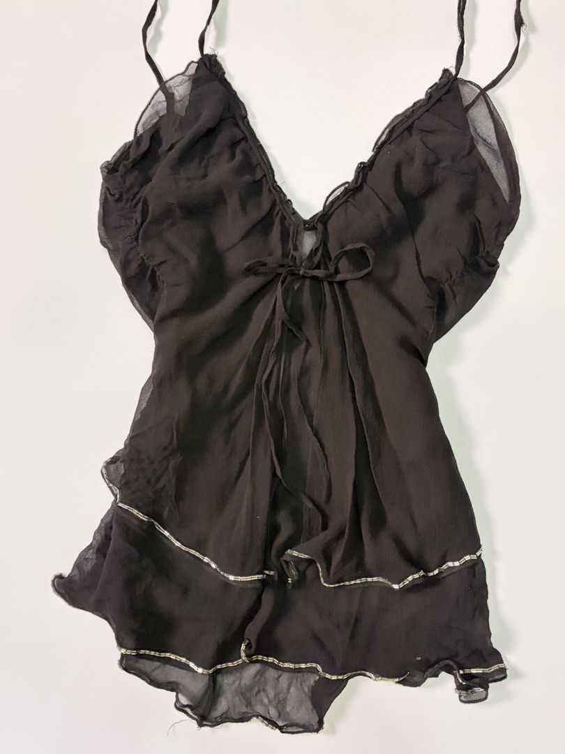 Prettiest Black Silk Flowy Beaded Tie Cami Top (Category: Sleeveless) located in Pilar. Submitted by kaiireverie (Listing ID 1465250468, Image 2). Description: S-M B: 32-36.