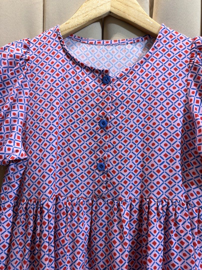 Printed Babydoll Dress (Category: Dresses) located in Manila. Submitted by glamstylemnl (Listing ID 1465231922, Image 2). Description: ♡ SIZE: S ♡ BUST: 32 ♡ Swipe left to see the actual color & details ♡ round neck / short puff sleeves / gathered skirt ♡ HQ • 10/10 ♡ Ready to wear 👚.