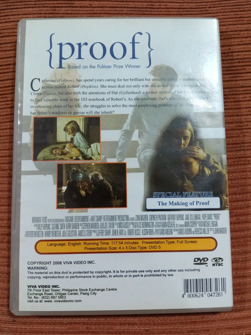 Proof (2005) - DVD | Jake Gyllenhaal (Category: CDs & DVDs) located in Marikina City. Submitted by danyiee (Listing ID 1465176960, Image 2). Description: may maliit na crack sa gilid ng cover mop: Gcash / Cash (if meetup) rfs: bawas gamit, walang dvd player.
