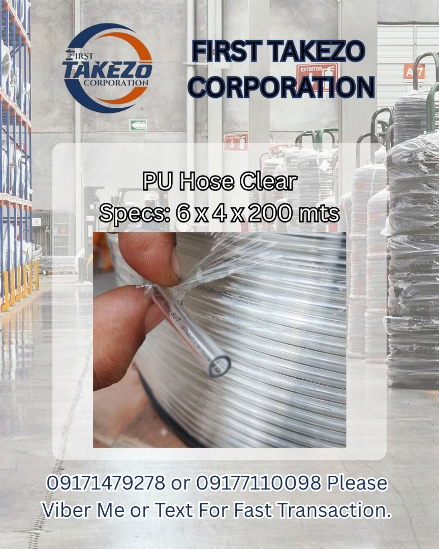 PU Hose Clear Specs: 6 x 4 x 200 mts (Category: Construction Tools & Equipment) located in Manila. Submitted by joeyroque09 (Listing ID 1465196497, Image 1). Description: PU Hose Clear Specs: 6 x 4 x 200 mts.