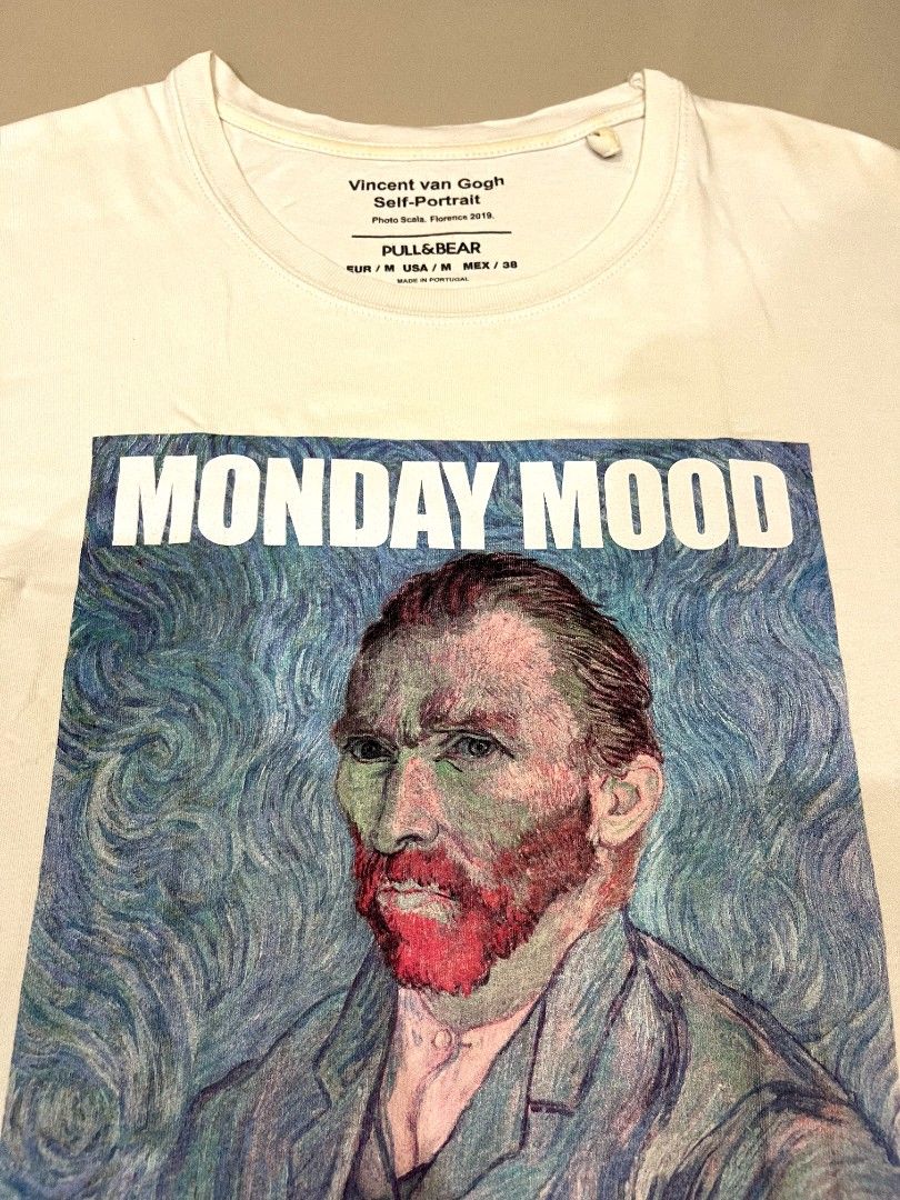 Pull & Bear Vincent Van Gogh Monday Mood T-Shirt (Category: Tshirts & Polo Shirts ) located in Caloocan City. Submitted by bmcfly (Listing ID 1465229752, Image 2). Description: - Brand: Pull & Bear - Design: Vincent van Gogh self-portrait graphic with 'Monday Mood' text - Size: Medium (M) - Material: Comfortable cotton (Made in Portugal) - Condition: Clean fabric, graphic print is in great shape with no cracks - Style: Classic crew neck, perfect 