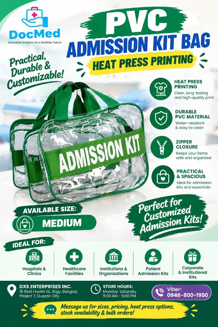 PVC ADMISSION KIT BAG MEDIUM (Category: Looking For) located in Quezon City. Submitted by zee_010200 (Listing ID 1465205126, Image 1). Description: - Size: Medium - Material: Durable, water-resistant, and easy-to-clean transparent PVC - Closure: Secure zipper closure to keep items safe and organized - Customization: Supports high-quality heat press printing for logos and text - Ideal For: Hospitals, clinics, healthcare facilities, patient admissi