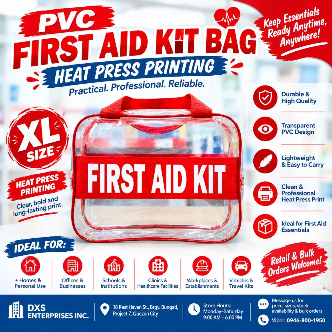 PVC FIRST AID KIT BAG XL (Category: Medical Supplies & Tools) located in Quezon City. Submitted by zee_010200 (Listing ID 1465221869, Image 1). Description: - Size: Extra Large (XL) - Material: Durable and lightweight transparent PVC with clear heat press printing - Design: Handy zipper closure with striking red trim and convenient handles - Versatile Use: Ideal storage for homes, offices, schools, clinics, workplaces, and vehicles - Orders: Both