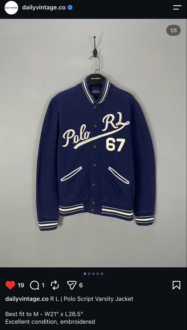 Ralph Lauren Polo Script Varsity Jacket Navy Blue Medium (Category: Coats, Jackets and Outerwear) located in Manila. Submitted by cabrerajay60042 (Listing ID 1465192855, Image 2). Description: - Brand: Polo Ralph Lauren - Color: Navy blue with white embroidered script and '67' logo - Style: Classic vintage varsity jacket with striped ribbed collar, cuffs, and hem - Closure & Pockets: Front button closure with convenient angled pockets - Size: Med