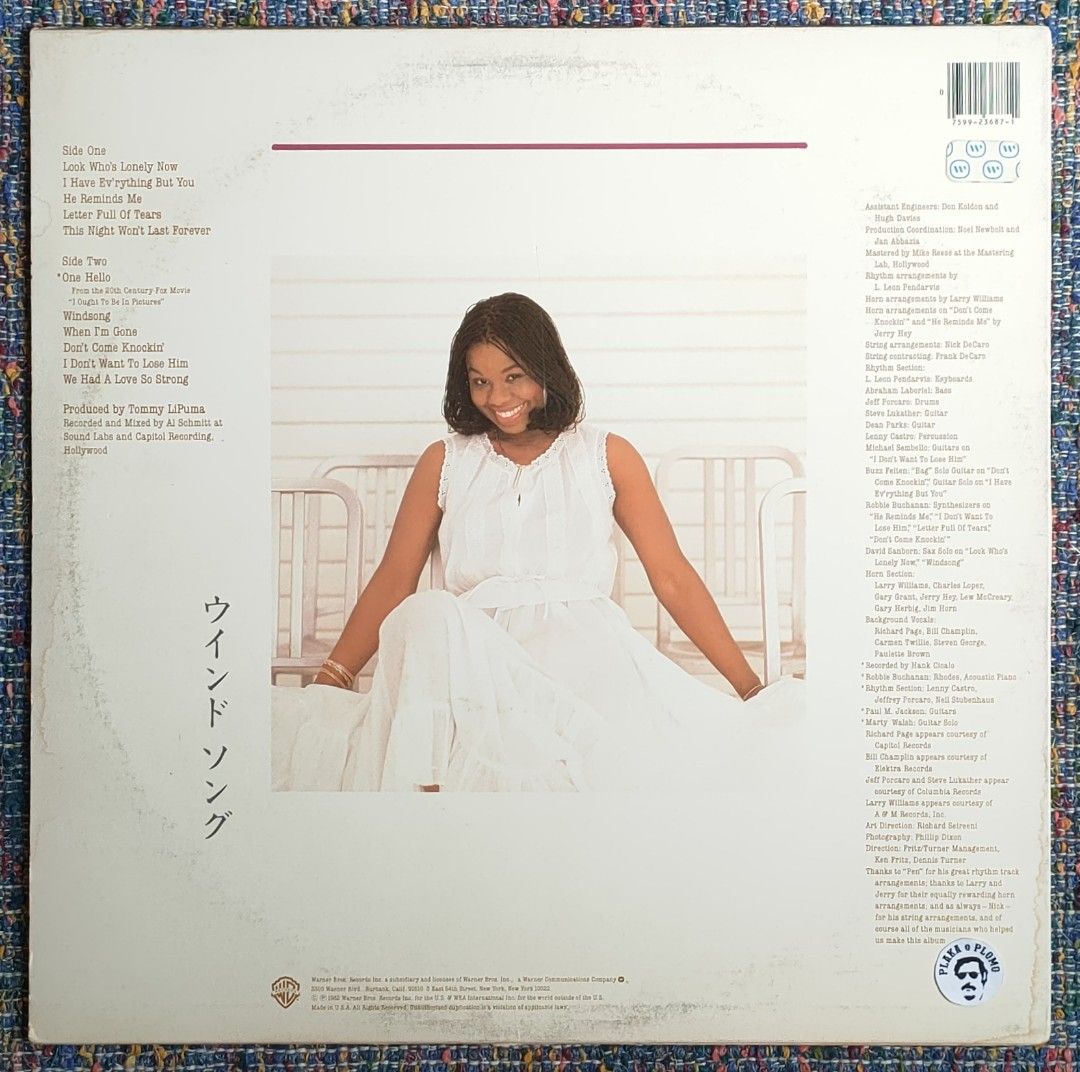 Randy Crawford - Windsong LP Vinyl Record (Category: Vinyls) located in Quezon City. Submitted by plaka.o.plomo (Listing ID 1465284437, Image 2). Description: Artist(s) : Randy Crawford Album : Windsong Year : 1982 Media : VG+ Color : Black Sleeve : VG+ No. : 1x Vinyl Size : 12" RPM : 33 Country : US Catalog No. : 1-23687 Tracklist : - Side 1 1. Look Who's Lonely Now 3:40 2. I Have Everything But You 3:17 3. He Reminds Me 4:39 4. Letter Full Of T