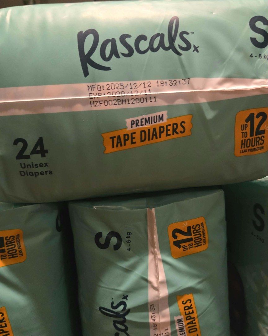 Rascals Premium Tape Diapers (Small) (Category: Diapers & Baby Wipes) located in Quezon City. Submitted by jesdlp (Listing ID 1465232811, Image 2). Description: Brand: Rascals Size: Small Recommended weight: 3–5 kg Quantity: 24 pcs each pack Price: ₱320 per pack RFS: Baby has already outgrown the size..