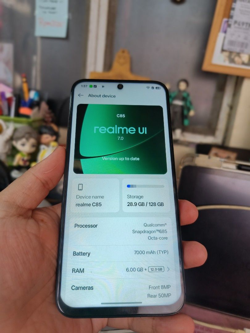 Realme c85 4g (Category: Realme) located in Caloocan City. Submitted by giancarlo.clase (Listing ID 1465378103, Image 3). Description: 3months old 128 gb storage 6gb +12gb RAM 7000mAh battery capacity waterproof 50mp rear camera 8mp fron camera Snapdragon685 processor.