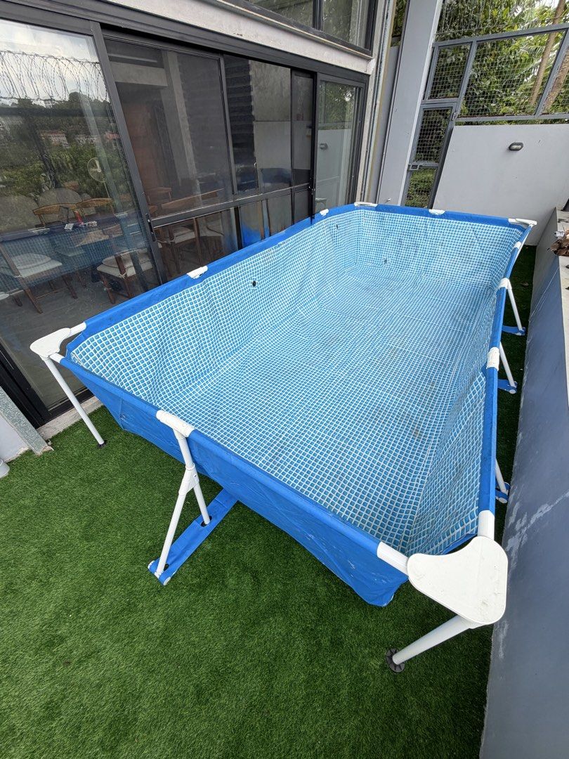 Rectangular Above Ground Frame Swimming Pool Blue White (Category: Water Sports) located in San Pedro. Submitted by maylynart09522 (Listing ID 1465329146, Image 2). Description: ￼INTEX® Rectangular Frame Pool, Ages 6+ (4.5m x 2.2m x 84cm) • used once • no box, nabasa kasi sa storage roomkaya nasira • good condition (needs cleaning, no butas) • complete parts ₱6,500 + shipping fee (originally purchased for approximately 10k) — price slightly negot