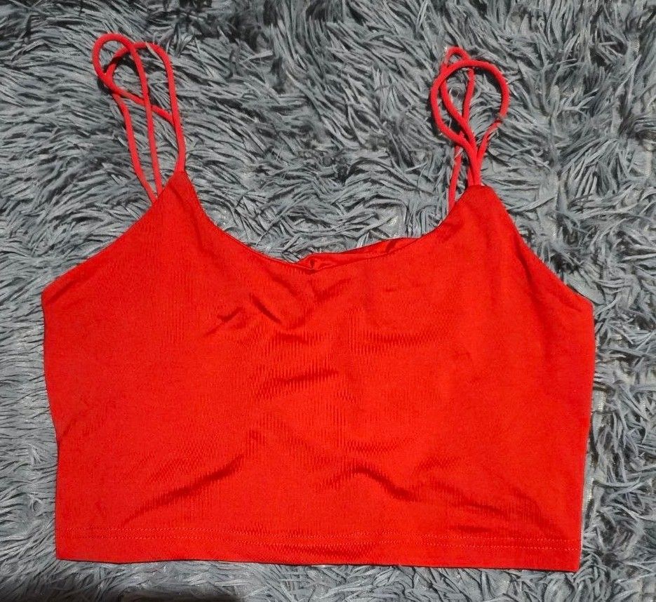 Red Crop Top with Double Straps (Category: Sleeveless) located in Pasig City. Submitted by love_happybee (Listing ID 1465319796, Image 2). Description: ✨ SHEIN Bright Red Ribbed Crop Top ✨ • Condition: Brand New (from Shein bale, freshly washed and clean!) 🧼 • Size: Petite M (Fits true to small/medium, great stretch) • Style: Double spaghetti straps, ribbed knit, very flattering crop cut ❤️ • Perfect for: Casual wear, party outfits, or summer lo