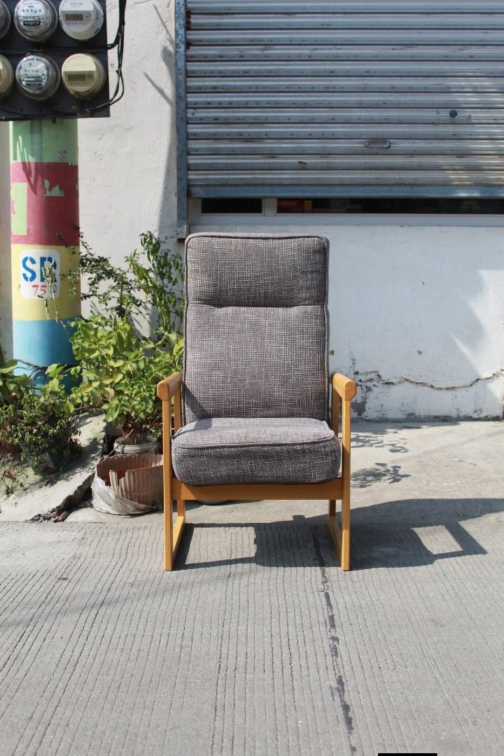 Relaxing Chair (Category: Chairs) located in Meycauayan. Submitted by marygracecasimiro (Listing ID 1465381348, Image 1). Description: Adjustable High-Back Recliner Chair Thick charcoal gray fabric upholstery, natural wood frame, adjustable seat height and reclining backrest. Designed for comfortable sitting and easy standing, perfect for living rooms, reading areas or relaxation spaces L:21 ¾ • W:21 • Seat H:16 • Back H:39 inches 6,000 pesos onl