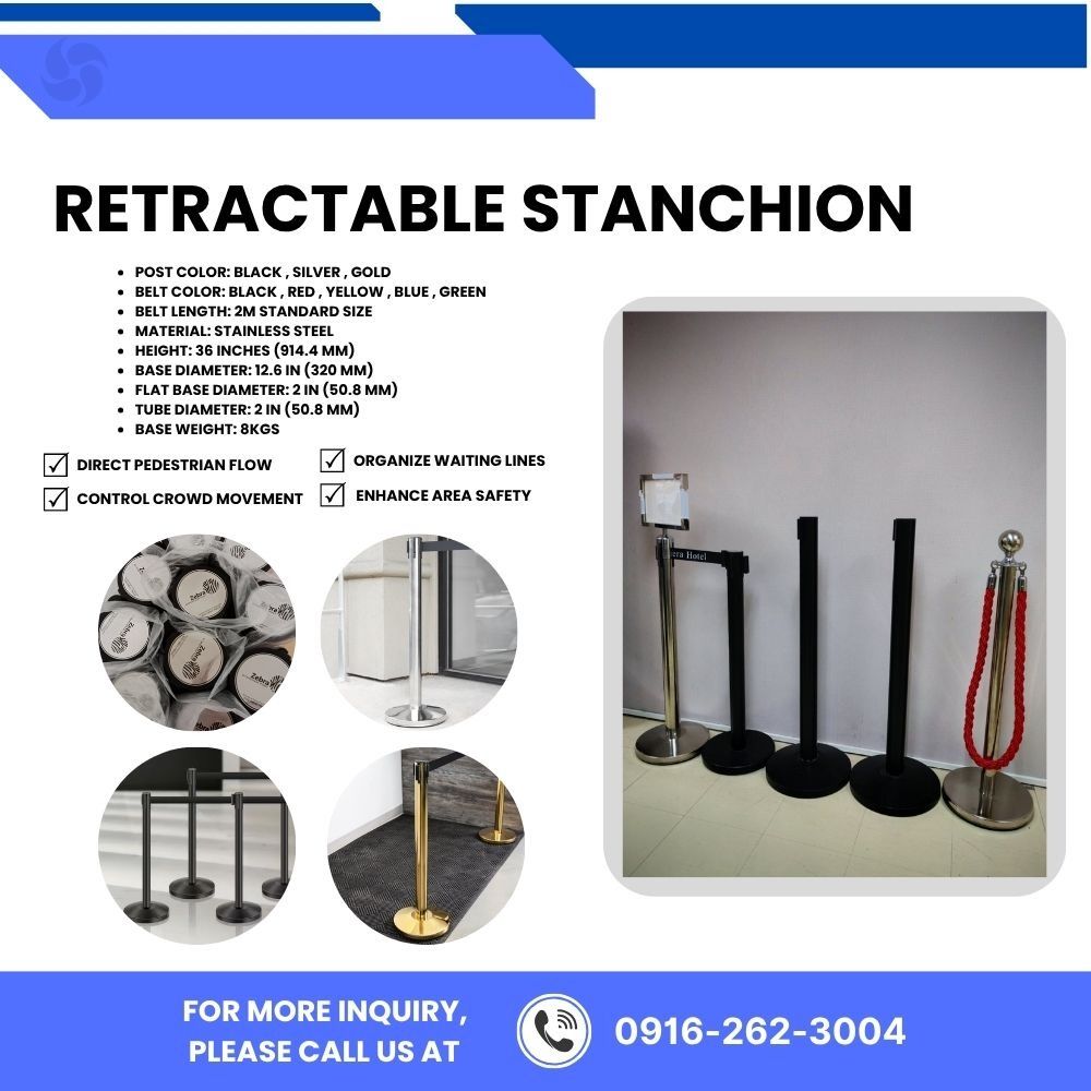 Retractable Stanchion Crowd Control Barrier Post , Ball type Stanchion (Category: Outdoor Furniture) located in Manila. Submitted by cyrenejoye (Listing ID 1465172484, Image 1). Description: - Premium stainless steel crowd control posts ideal for queues and pedestrian flow - Height: 36 inches | Tube diameter: 2 inches - Base diameter: 12.6 inches | Heavy-duty base weight: 8 kg for maximum stability - Available post finishes: Black, Silver, and Go