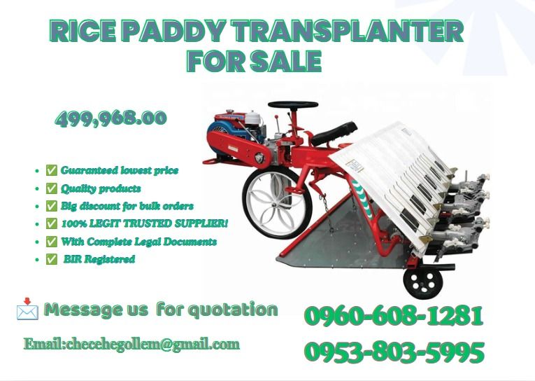 RICE PADDY TRANSPLANTER FOR SALE (Category: Everything Else Others) located in Lapu Lapu. Submitted by purebird.d6b6a1 (Listing ID 1465211518, Image 1). Description: 1.Calibration power: 3.68kw 2.Calibration speed: 2600r/min 3.Fuel Type: Diesel 4.Dimensions: 2410*2132*1250mm 5.Structure mass: 290kg 6.Number of working lines: 6 7.Line spacing: 300mm 8.Burrow: 120mm 9.Planting depth: 15～35mm 10.Operating speed: 0.9-1.62km/h 11.Working hour producti
