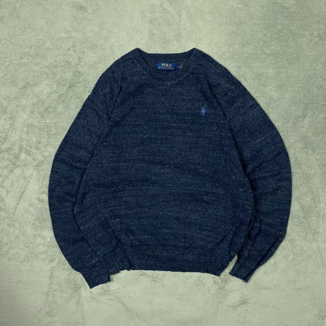 RL Heather Navy Knitted Crewneck (Category: Hoodies) located in Imus. Submitted by lsthriftsaig (Listing ID 1465253745, Image 1). Description: RL Heather Navy Knitted Crewneck Size tag: Medium Length: 25 Width: 22 Issue(s): None Condition: 10/10.