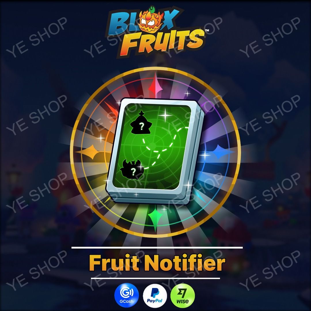 Roblox Blox Fruits Fruit Notifier Gamepass (Category: In-Game Products) located in Manila. Submitted by ye.digital (Listing ID 1465276113, Image 1). Description: - Game: Roblox Blox Fruits - Item: Fruit Notifier Gamepass - Features: Alerts you when fruits spawn, plus shows exact distance and direction - Delivery: Instant delivery upon payment confirmation thru ingame gift - Payment Methods: GCash, PayPal, Wise - How to Buy: Message me for any que