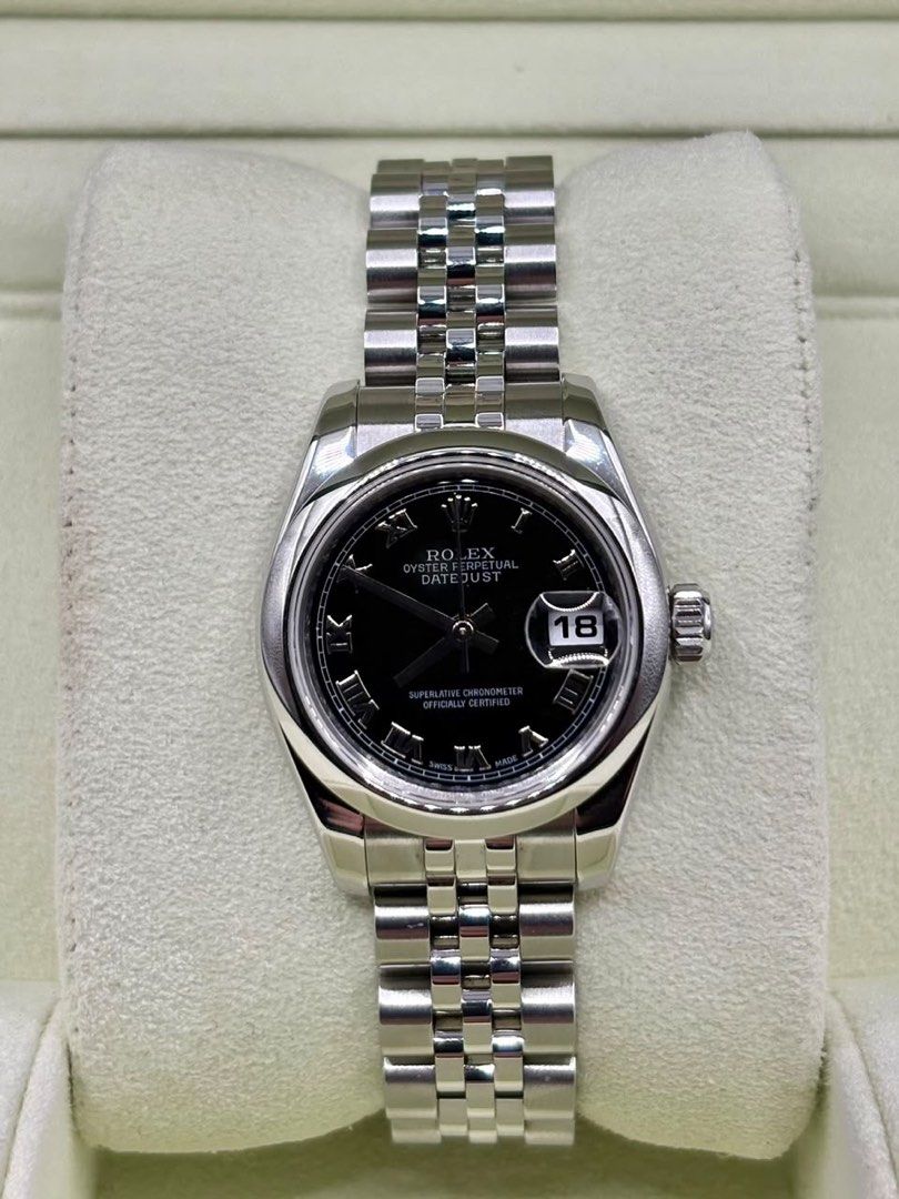 Rolex Lady Datejust 2007 (Category: Men's Watches) located in Manila. Submitted by ams.777 (Listing ID 1465205981, Image 1). Description: Rolex Lady Datejust Black roman dial Super Jubilee bracelet and smooth bezel 26mm 179160 2007 year model 9.8/10 condition Complete set Open for authentication .