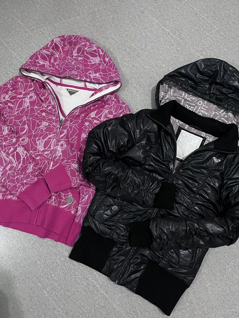 Roxy Jackets Bundle (Category: Coats, Jackets and Outerwear) located in Daet. Submitted by jamescaldito (Listing ID 1465295911, Image 1). Description: Pink Roxy AOP Well used full zip 19.5 x 23 Roxy Black Puffer Jacket Excellent 18 x 24 580 for both 🏷️.