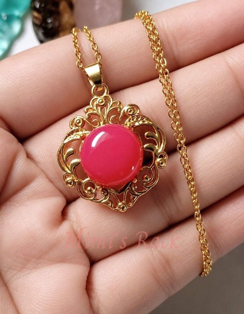 RUBY JADE NECKLACE IN GOLD SETTING (Category: Necklaces) located in Taguig. Submitted by mimisrack (Listing ID 1465102312, Image 1). Description: 🩷Passionate prosperity charm wrapped in radiant gold elegance - -Ruby Jade symbolizes vitality, courage, and heart-centered strength -Encourages confidence, passion, and positive life-force energy -Gold setting enhances warmth, luxury, and prosperity symbolism -Promotes emotional balance and empowered 