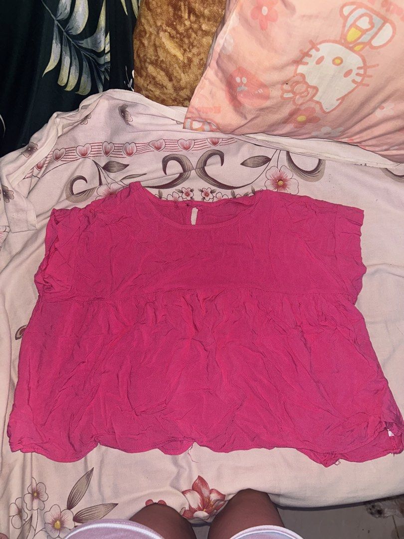 Ruffle Hem loose Semi Crop (Category: Blouses) located in Mandaluyong City. Submitted by mariamadeline (Listing ID 1465341243, Image 1). Description: - Color: Hot Pink - Bought it on Tiktok shop - Used once only.
