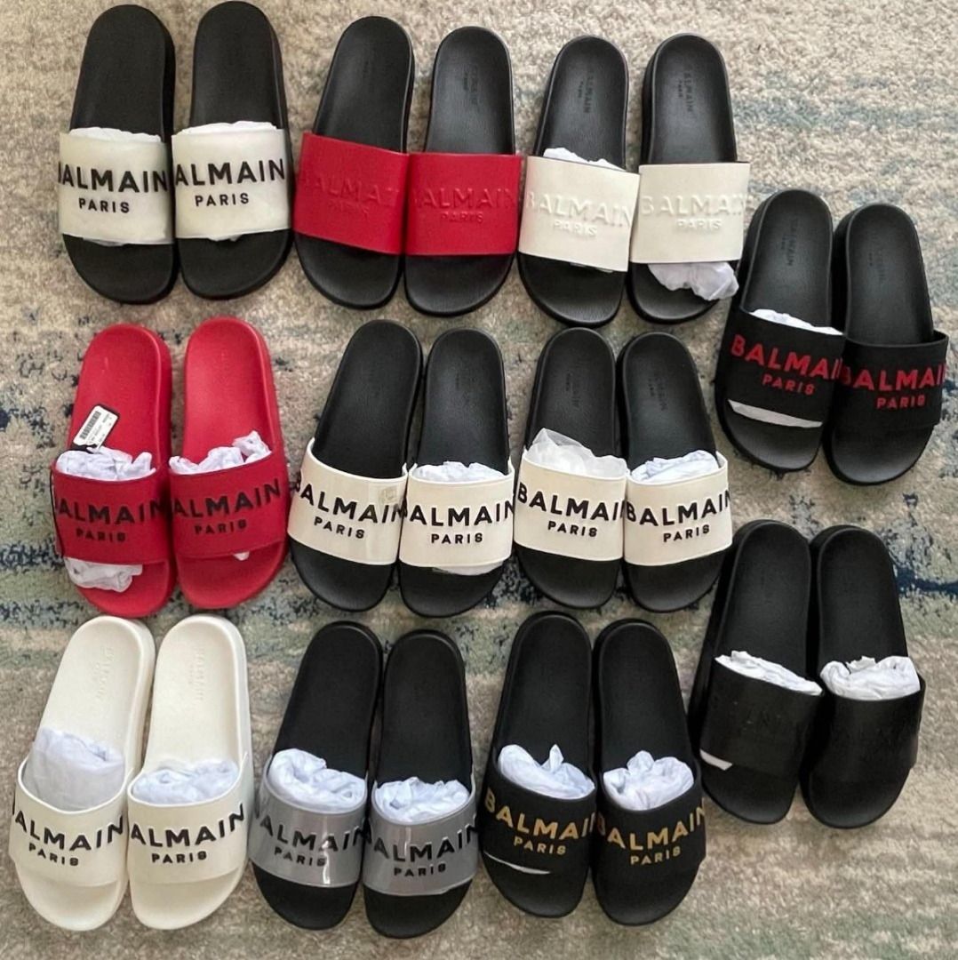 SALE. Balmain Slides (mens) (Category: Slippers & Slides) located in Rizal. Submitted by hiraya16 (Listing ID 1465323463, Image 1). Description: Way cheaper than Mall SRP 12k-13k 🫰 Good deals Onhand ready to ship + SF Lbc.