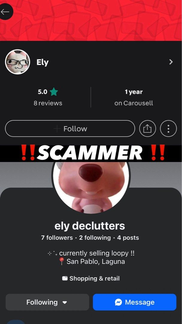 SCAMMER - @katzelly (fb: ely declutters) (Category: Announcements) located in Quezon City. Submitted by zinqt (Listing ID 1465375407, Image 1). Description: ‼️ SCAMMER - @katzelly (fb: ely declutters) ‼️ don't ever transact with this person. after sending our payment puro na siya reasons bago iship yung order namin. waste of time. small amount na nga lang isscam pa. wala ka na bang makain? @katzelly MAKAKARMA KA RIN, ELY 😝🤘🏻💯.
