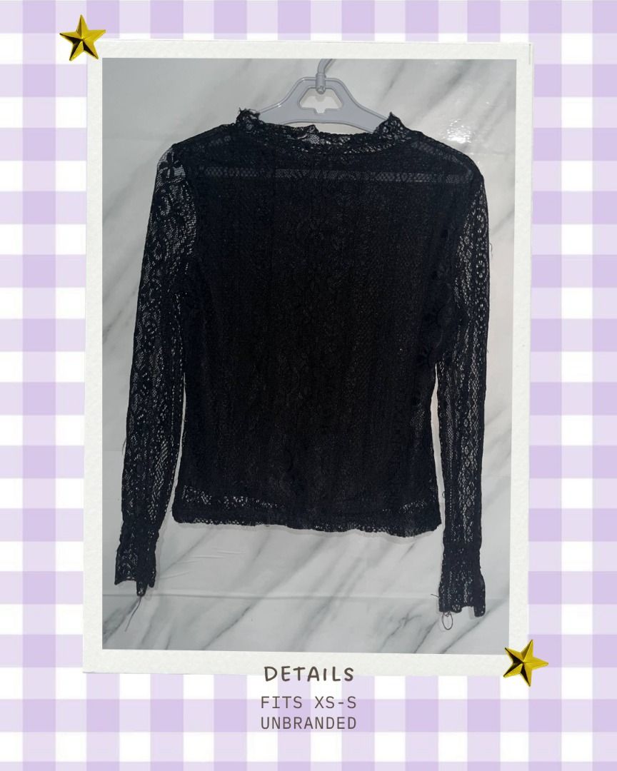 Sheer Black Lace Top PLEASE READ 3RD PHOTO (Category: Blouses) located in Quezon City. Submitted by memoriies (Listing ID 1465276416, Image 2). Description: - Color: Black - Style: Sheer lace top with long sleeves and high neckline - Size: Fits XS to S - Measurements: Bust 28", Arm 8", Sleeve Length 24" - Details: Delicate fabric pattern throughout - Versatility: Great layering piece for night outs or casual fits.