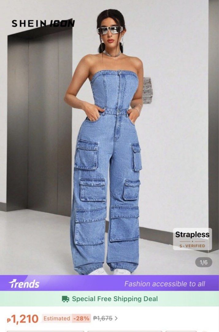 SHEIN ICON Strapless Denim Cargo Jumpsuit (Category: Jumpsuits) located in Tayabas. Submitted by declutterwithmeee29 (Listing ID 1465170901, Image 1). Description: - Brand/Style: SHEIN ICON strapless denim jumpsuit - Color/Wash: Light wash blue - Design: Structured straight neckline bodice with multi-pocket cargo utility details - Fit: Trendy wide-leg fit - Vibe: Cool streetwear, easy to dress up or down.